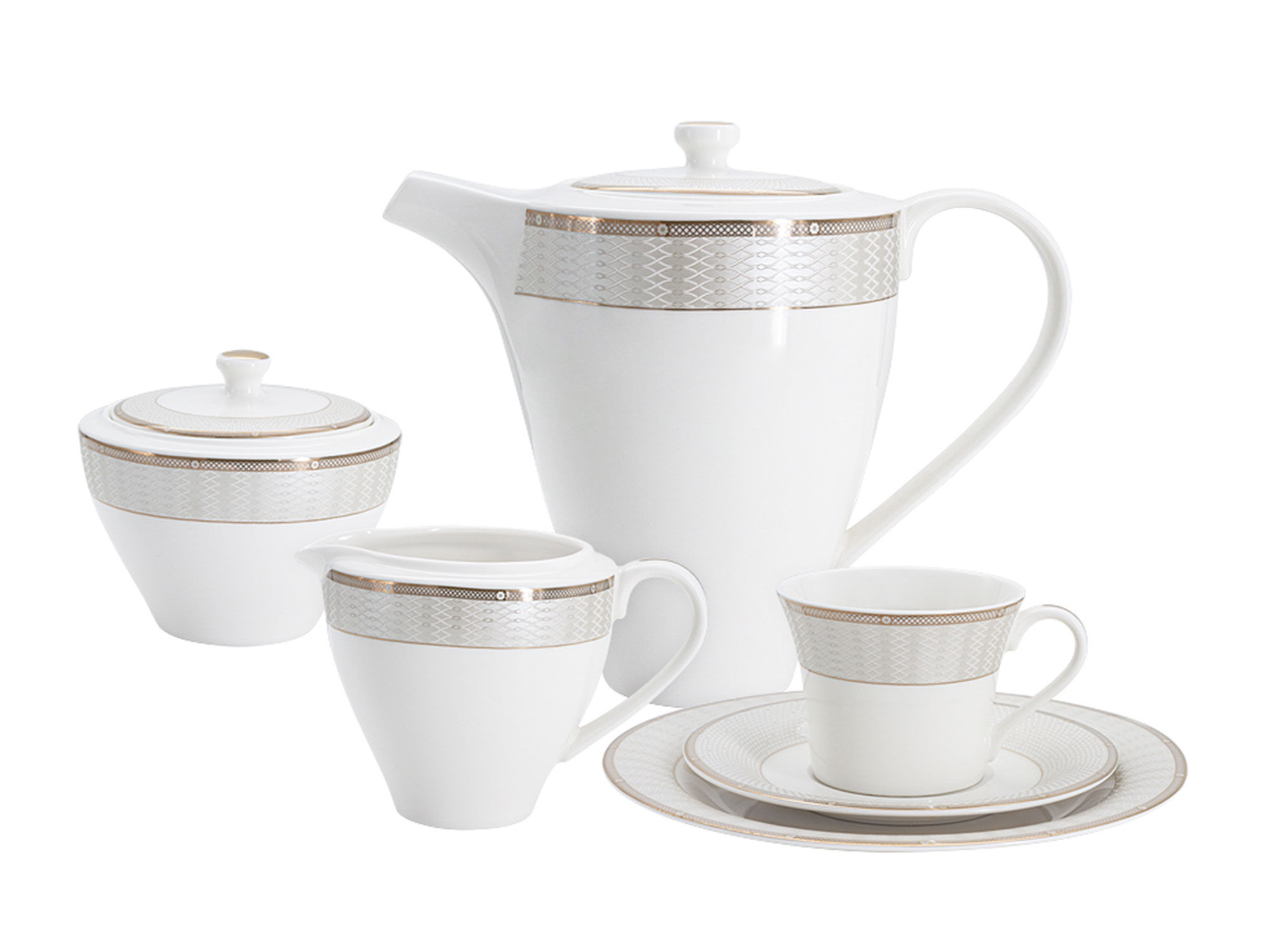 Фарфоровый чайный сервиз на 12 персон Амалия, 27 предметов, белый/декор